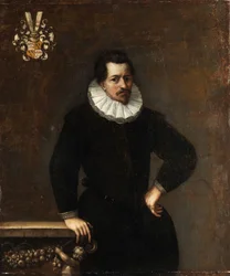 Three-Quarter Portrait of a Man in Black Clothing with White Collar, with Coat of Arms